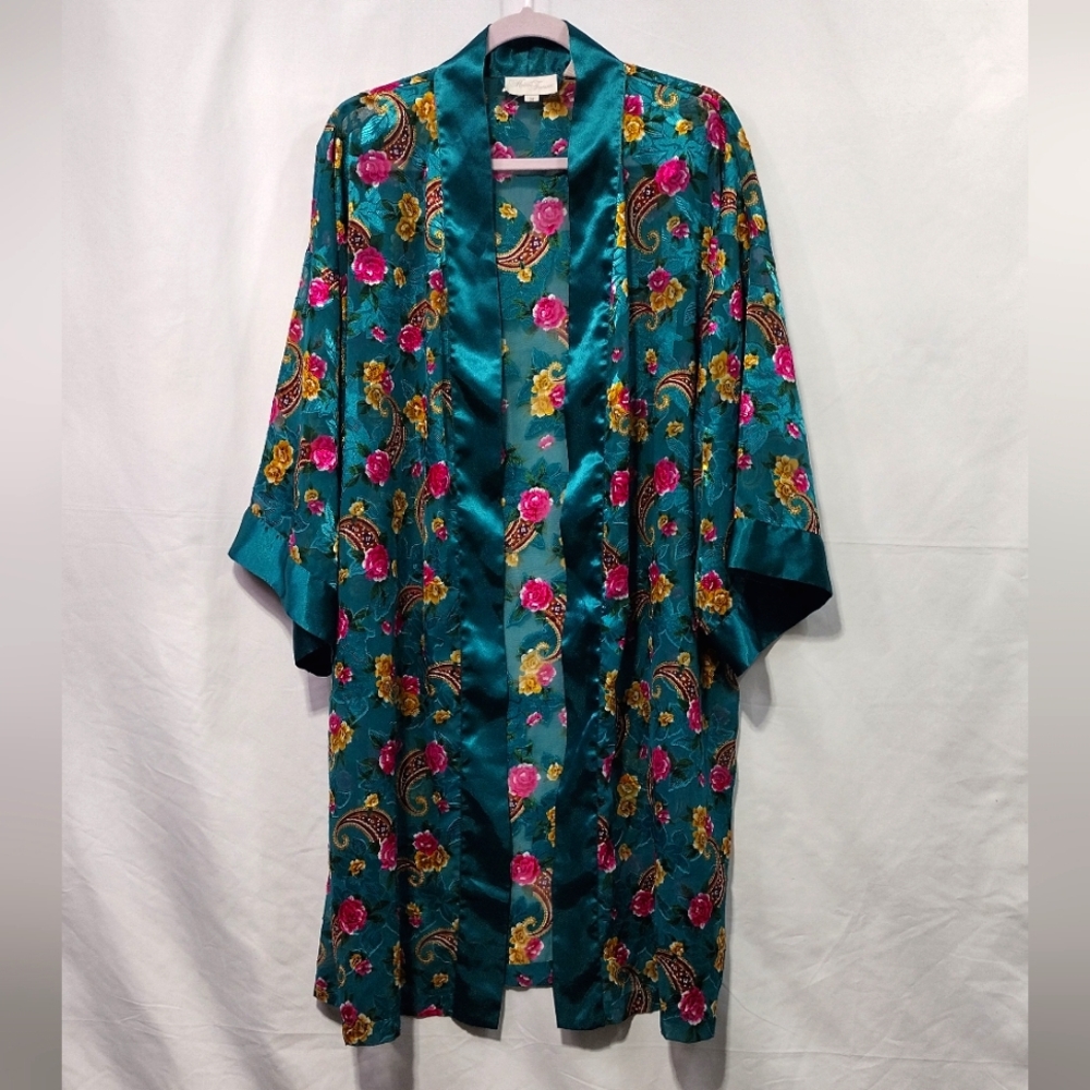 Vintage Hidden Fantasies Floral Slip Robe Women's M Green Retro Boho 90s Y2K